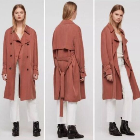 AllSaints Women's Dusty Rose Trench Coat M Double-Breasted Belted